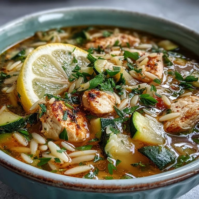 Close-up view of homemade lemon chicken and zucchini orzo soup with fresh parsley garnish, showcasing vibrant vegetables and golden orzo in a comforting, nourishing dish.