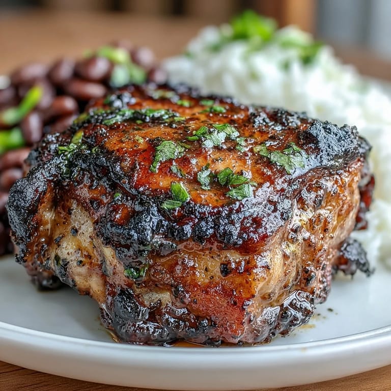Golden roasted jerk chicken atop fluffy rice and peas, paired with kidney beans and aromatic spices in a classic Caribbean dish.