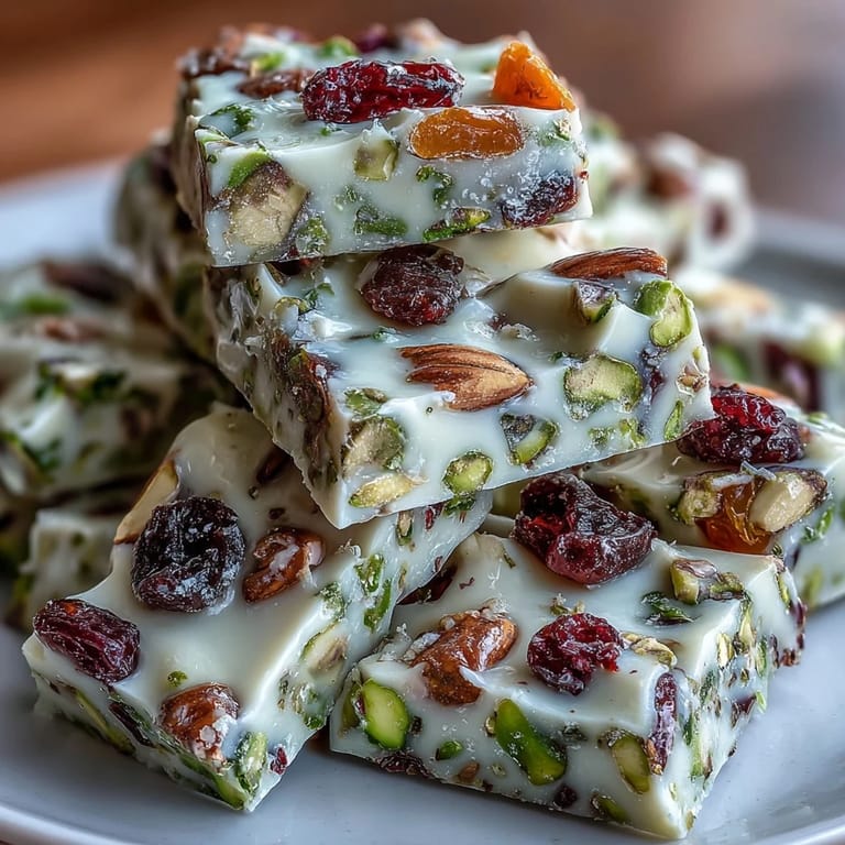 Elegant pistachio and white chocolate bark topped with colorful dried fruits, an easy no-bake treat for any occasion.