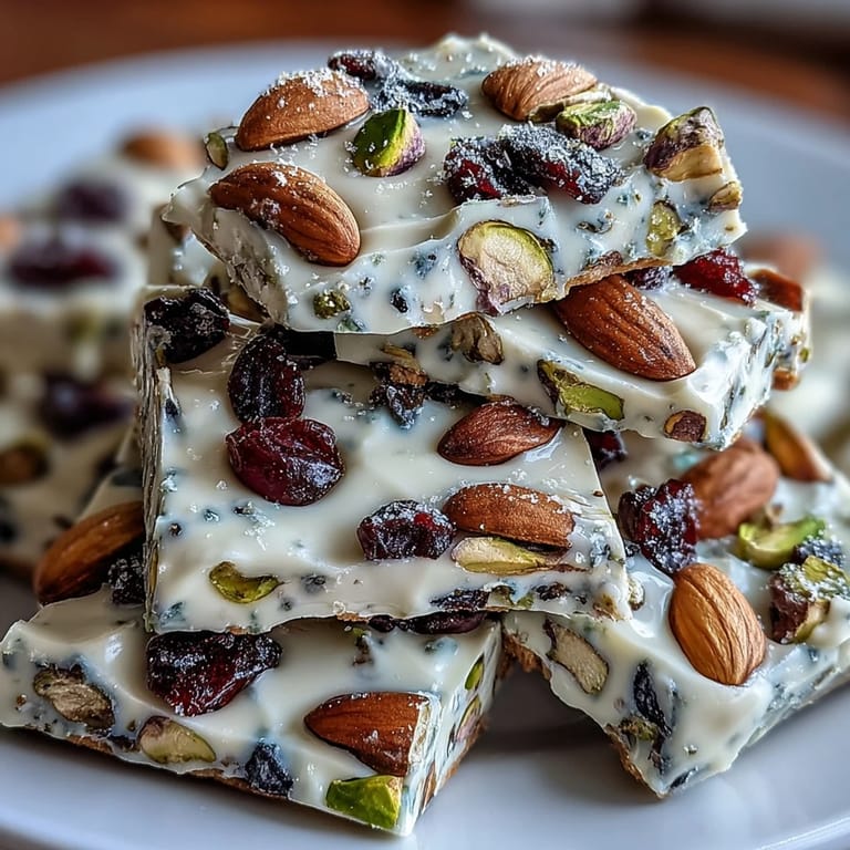 Crunchy pistachios and sweet dried apricots nestled in creamy white chocolate bark, ideal for festive dessert platters.