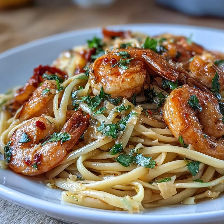 Flavorful chili-garlic shrimp linguine with sautéed shrimp, sliced chili peppers, and garlic-infused olive oil coating every strand.