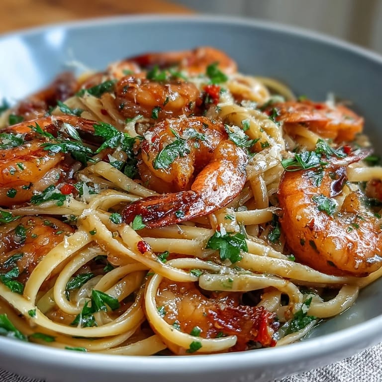 Spicy garlic-chili shrimp linguine featuring tender shrimp, fresh parsley, and a zesty lemon finish for a vibrant pasta dish.
