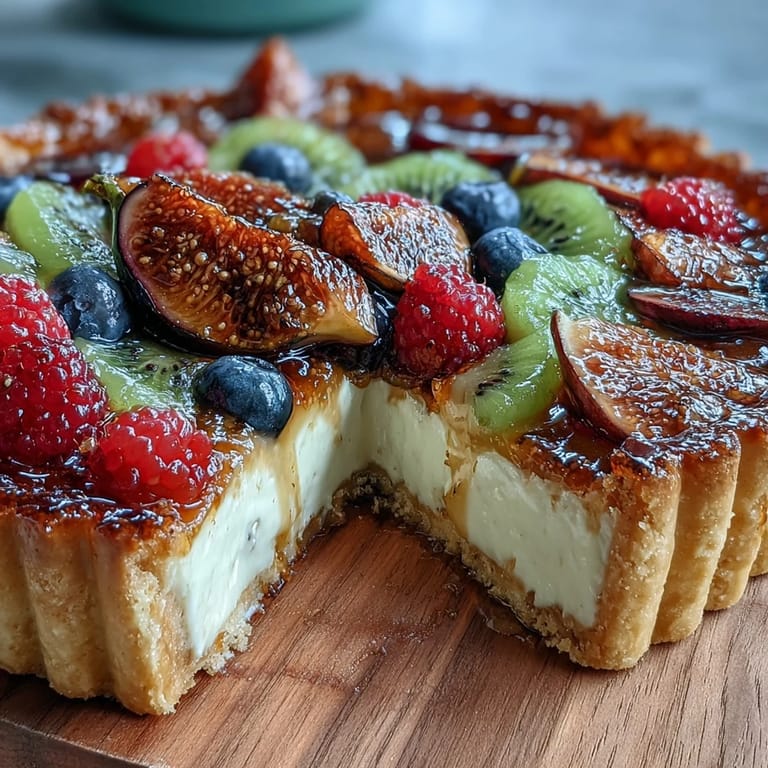 Silky cardamom-infused custard fills a crisp tart shell, topped with a colorful mix of seasonal fruit slices.