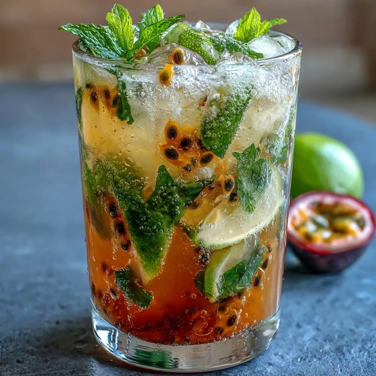 A refreshing tropical cocktail featuring tangy passionfruit juice, muddled mint, and zesty lime in a highball glass.