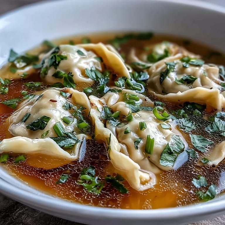 Aromatic Asian-inspired dumpling soup featuring juicy chicken-filled dumplings, rich broth, and vibrant scallion garnish for a comforting meal.  