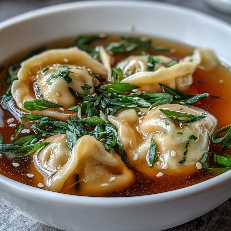 Bowl of savory dumpling soup with chicken broth, plump dumplings, and fresh scallions, perfect for a warming lunch or dinner.