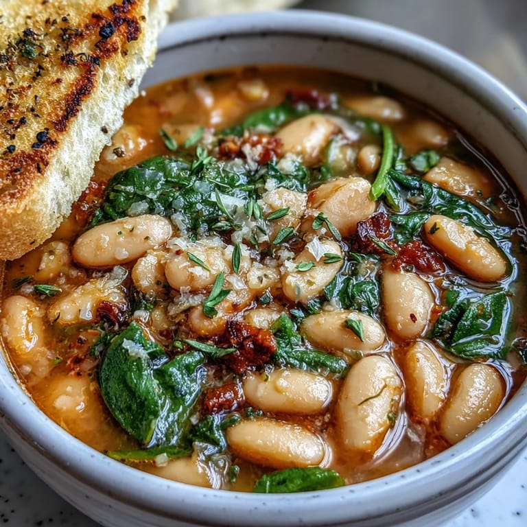 Hearty Tuscan bean soup with aromatic vegetables, served alongside warm, toasted garlic bread for a comforting meal.