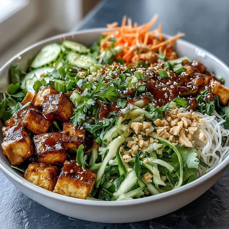 Deconstructed spring roll bowl with rice noodles, crunchy veggies, and luscious peanut sauce, garnished with chopped peanuts and sesame seeds.