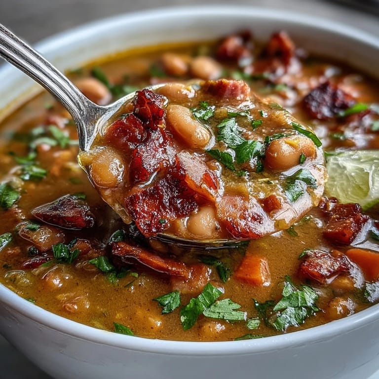 Creamy pinto beans and diced ham simmer with bell peppers, carrots, and jalapeño for a comforting Tex-Mex soup.  