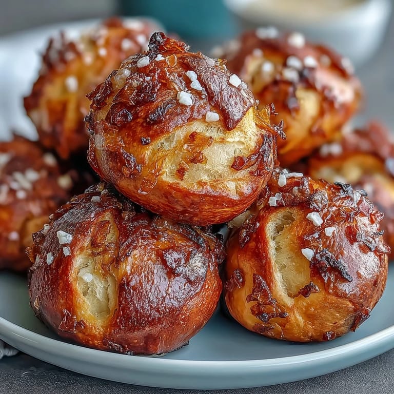 Soft pretzel bites bursting with sweet caramelized onions and a hint of butter, served warm and ready to dip.