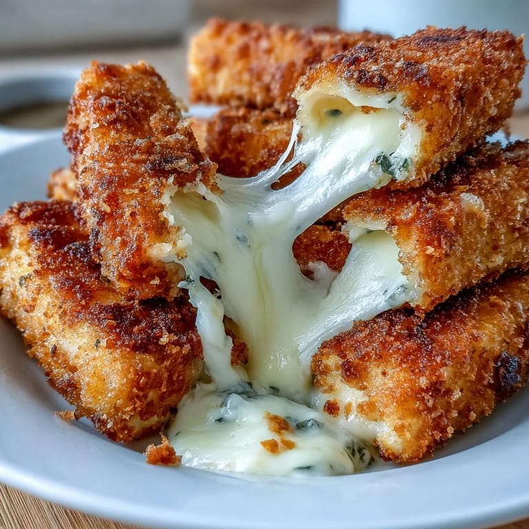 Air-fried mozzarella cheese sticks with crunchy breadcrumb coating, paired with warm marinara dip.