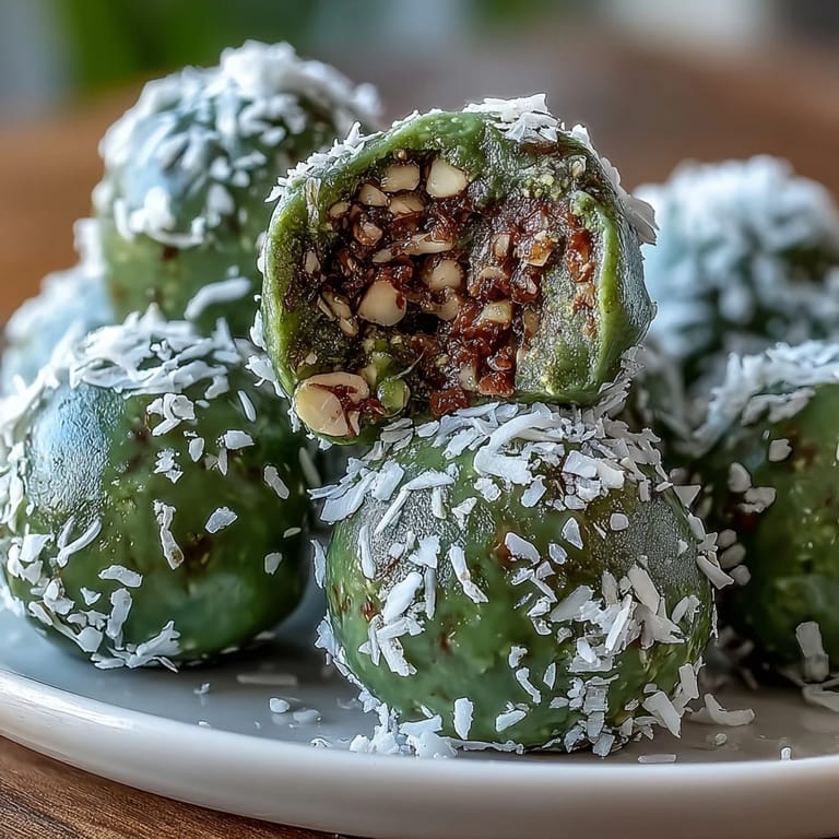 Easy matcha coconut energy balls featuring rolled oats and shredded coconut, a healthy, vegan-friendly snack with a vibrant green hue.