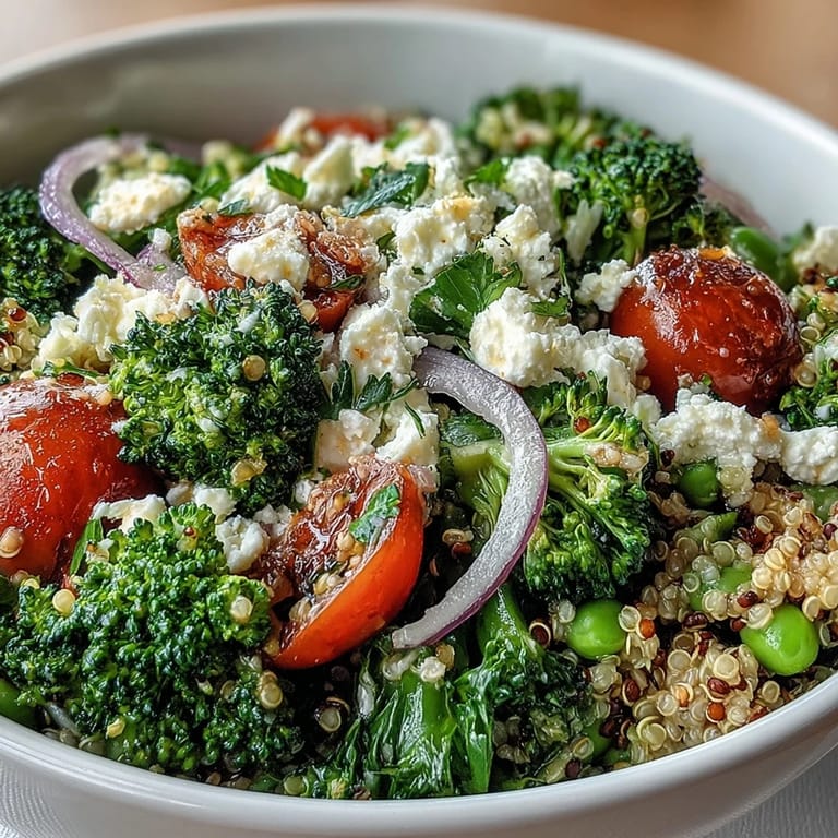Nutty quinoa tossed with crisp-tender broccoli, fresh peas, cherry tomatoes, and tangy feta, drizzled with zesty lemon dressing.