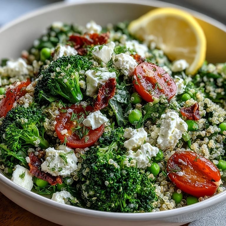 Protein-rich quinoa bowl topped with vibrant green vegetables, creamy feta, and a light Dijon-lemon vinaigrette — ideal for lunch or dinner.