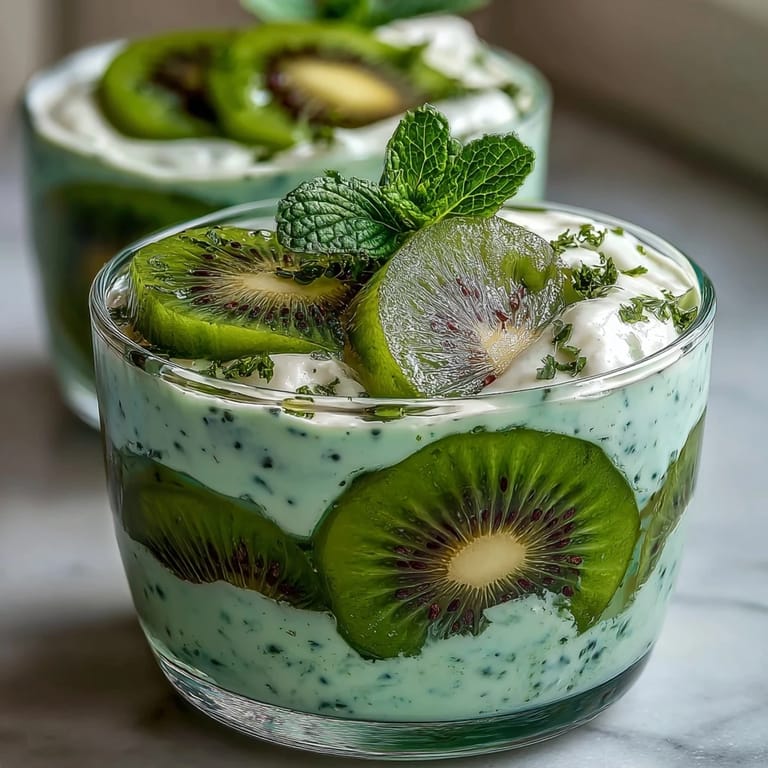 Tangy and creamy chia pudding layered with kiwi compote and lime juice, garnished with coconut flakes and mint leaves in clear glass jars.