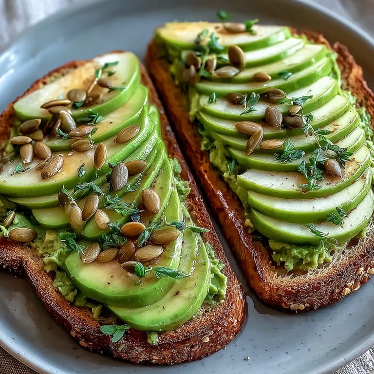 Freshly toasted whole grain bread layered with mashed avocado, tart green apple, and toasted pumpkin seeds for a satisfying, healthy breakfast.