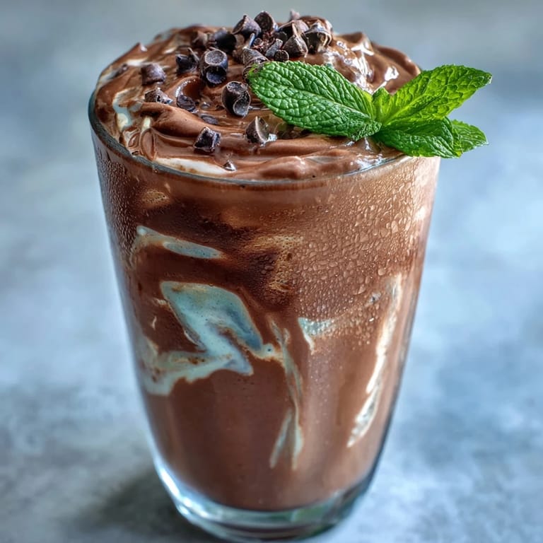Refreshing mint chocolate protein shake made with frozen banana, cocoa powder, and protein powder for a nutritious breakfast or snack.