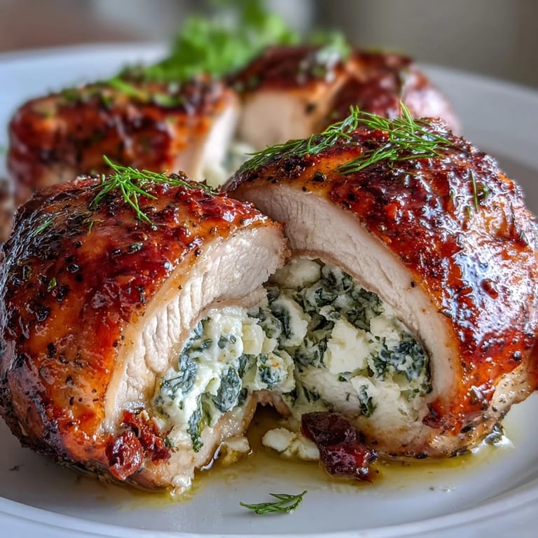 Oven-baked chicken breasts filled with spinach, feta, and garlic, topped with paprika for a savory, gluten-free main dish.