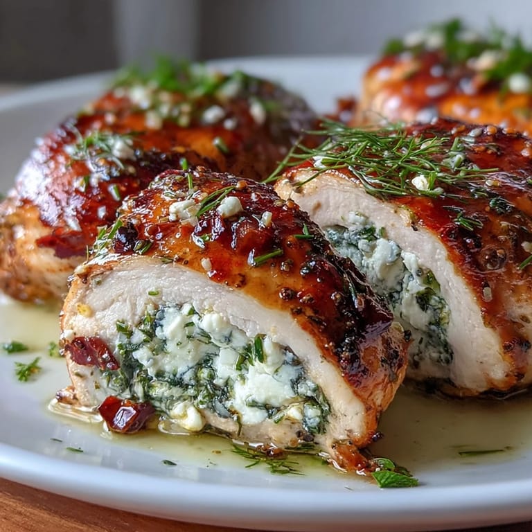 Flavorful spinach-feta stuffed chicken breasts, seasoned with dill and lemon zest, perfect for a Mediterranean dinner.  