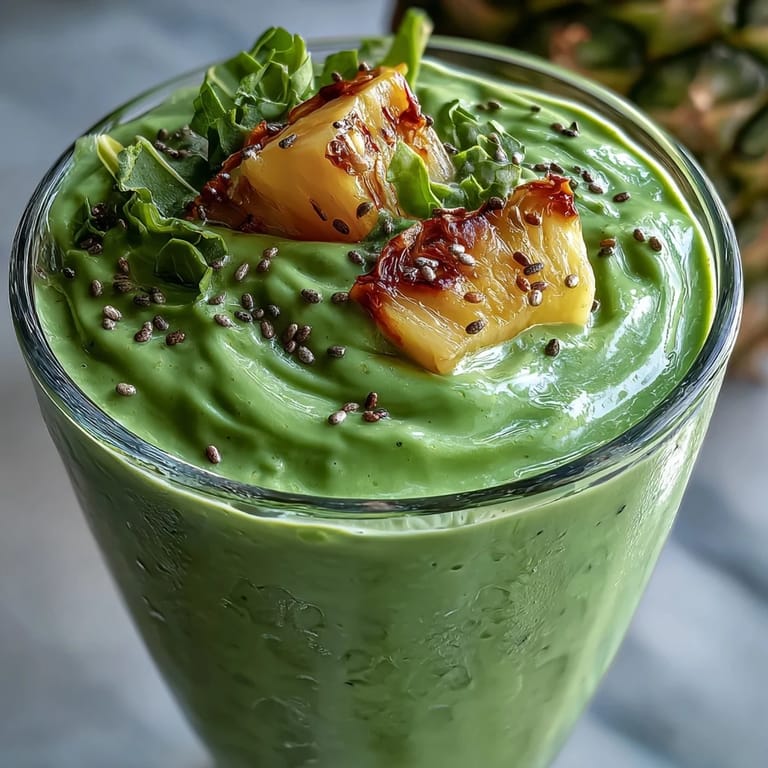 Creamy green shamrock smoothie featuring fresh pineapple, spinach, and banana, topped with chia seeds for a nutritious, gluten-free treat.