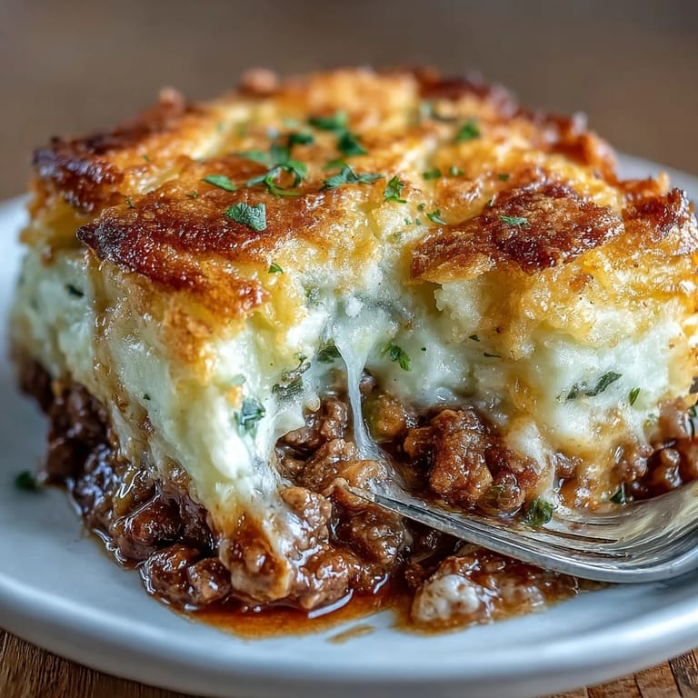 Creamy, cheesy funeral potatoes and hearty shepherds pie filling baked in a golden casserole.