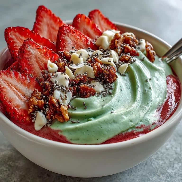 Creamy strawberry matcha smoothie bowl, swirled with Greek yogurt and green tea powder, finished with crunchy granola and chia seeds.