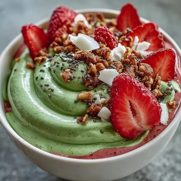 A colorful, café-inspired strawberry matcha frappuccino smoothie bowl, garnished with sliced strawberries and white chocolate chips.