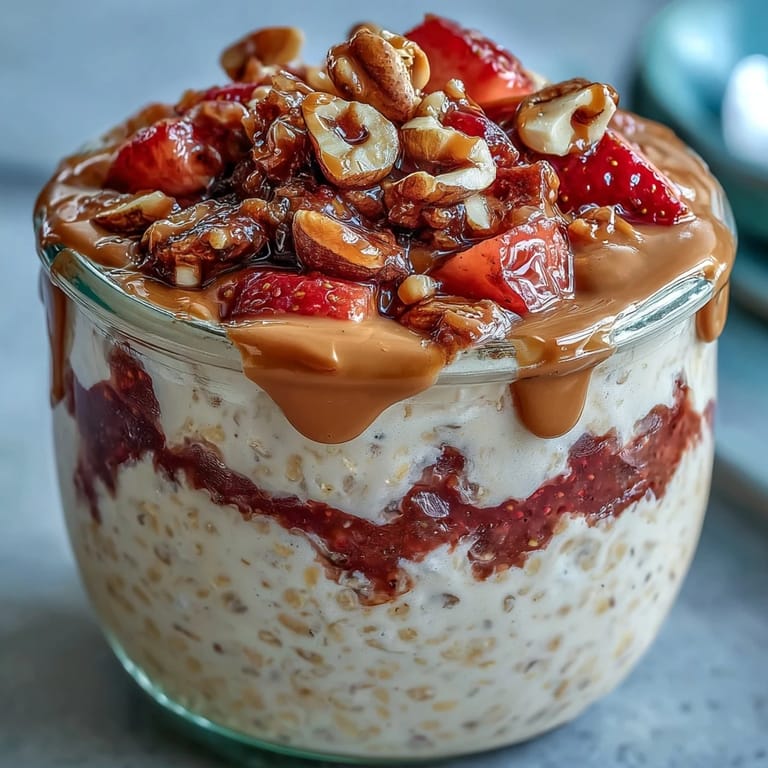 Creamy overnight oats with peanut butter and strawberry jam, garnished with crunchy peanuts—a healthy PB&J-inspired morning meal.