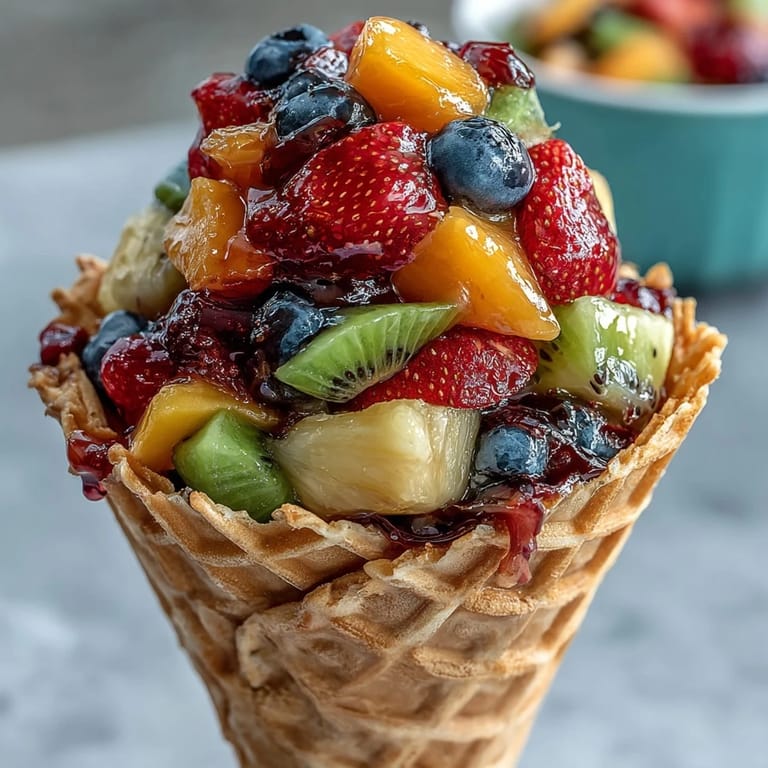 Vibrant waffle cones packed with seasonal fruits and paired with tangy Greek yogurt dip—perfect for easy entertaining.  