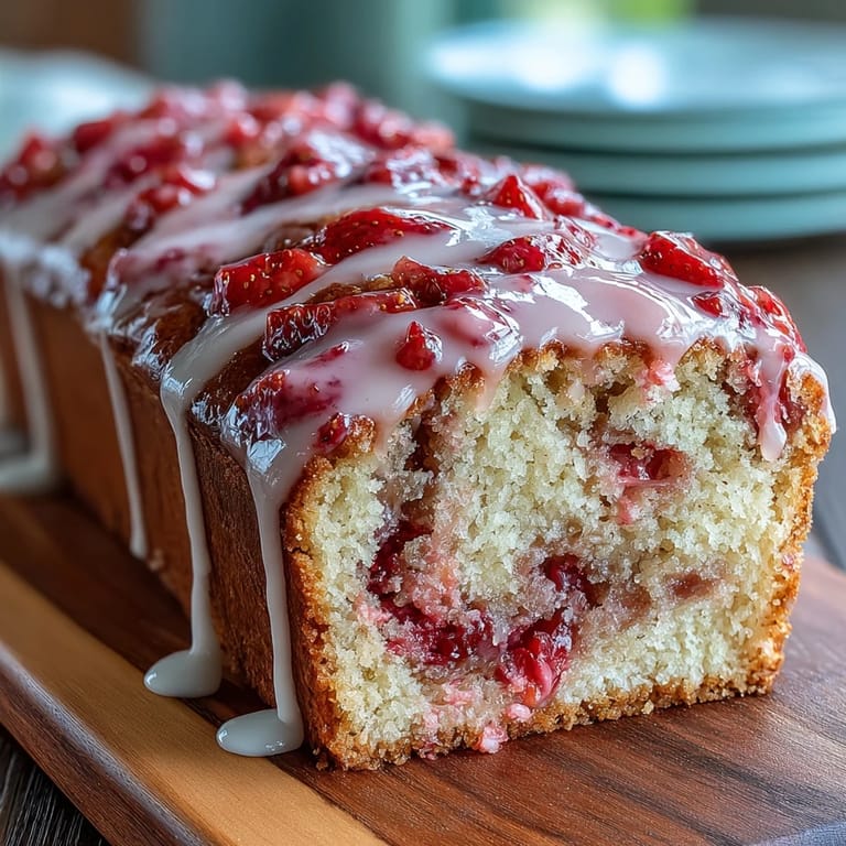Buttery homemade pound cake marbled with fresh strawberry swirl and topped with a sweet vanilla glaze, ideal for gatherings.  