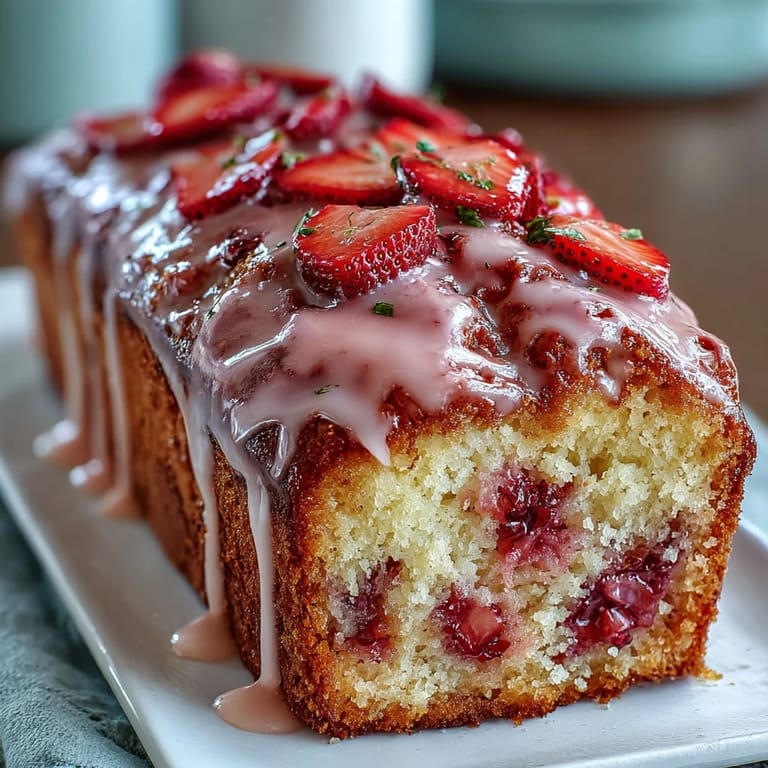 Rich vanilla pound cake with homemade strawberry swirl, drizzled with glossy glaze, offering a beautiful and delicious dessert treat.