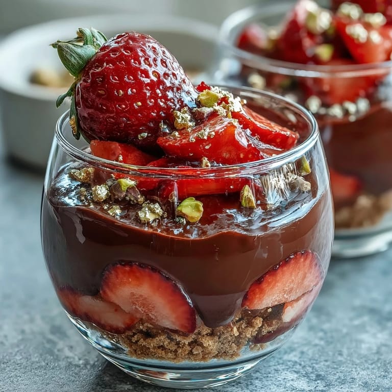 Luxurious Dubai-inspired chocolate strawberry cups featuring glossy ganache, fresh berries, and optional edible gold leaf.