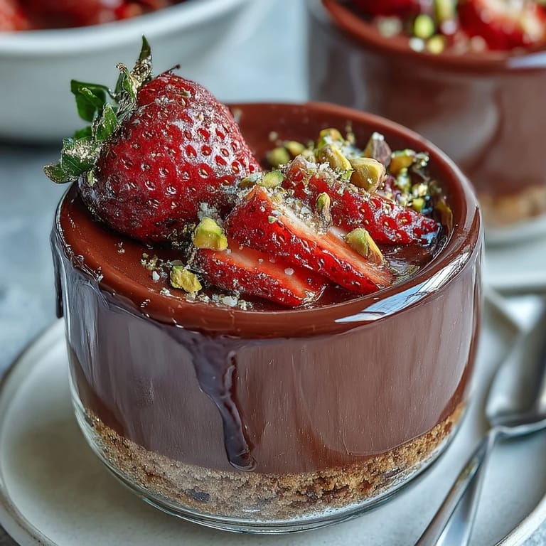 Elegant dessert cups filled with rich dark chocolate, sweet macerated strawberries, and crunchy pistachio garnish.