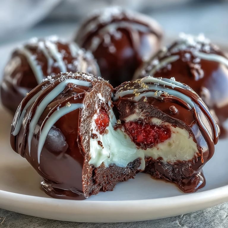 Decadent dessert with cream-filled chocolate bombs, each hiding a fresh strawberry inside, perfect for impressing guests at special occasions.  