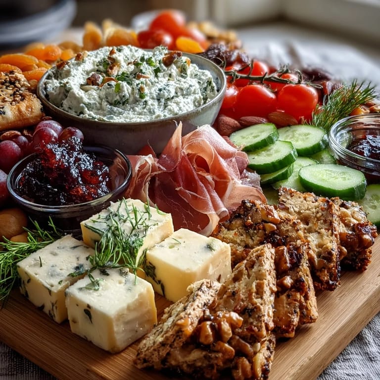 Elegant platter of prosciutto, brie, and aged cheddar surrounded by colorful grapes, cherry tomatoes, and artisanal crackers, served with two homemade dips.