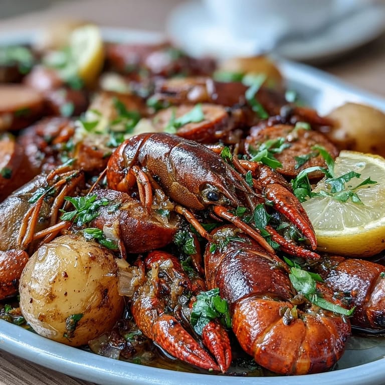 Sizzling crawfish and smoky sausage roast with baby potatoes, corn, and bell peppers on a single pan for an easy boil-inspired meal.