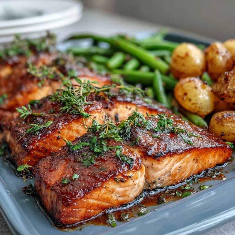 Oven-baked salmon fillets with tender baby potatoes and crisp green beans, seasoned with zesty lemon, Dijon, and fragrant herbs for a balanced meal.  