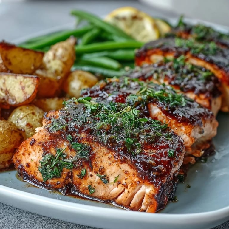Flavorful sheet pan salmon and vegetables, featuring flaky fish, roasted potatoes, and vibrant green beans, all infused with garlic, lemon, and Mediterranean herbs.