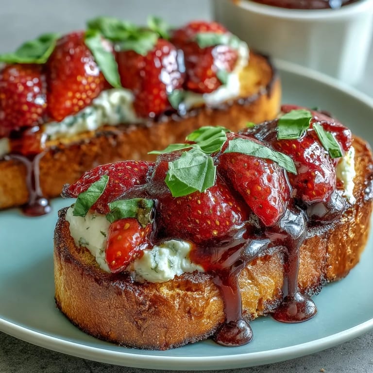 Elegant strawberry and goat cheese bruschetta toasts drizzled with balsamic glaze, perfect for spring and summer entertaining.