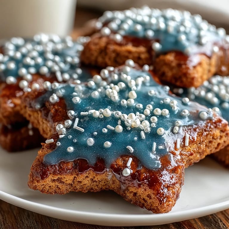 Vanilla sugar cookies shaped like stars and circles, iced in blue with edible silver pearls forming the Pisces constellation and gold star sprinkles.