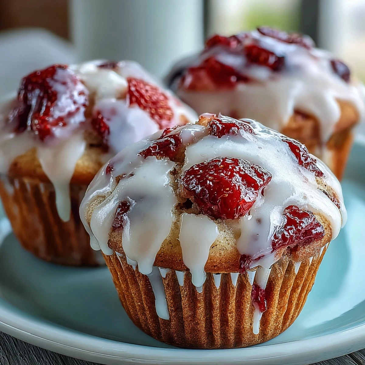 Fluffy strawberry muffins drizzled with bright lemon glaze, perfect for a sweet breakfast or afternoon treat.