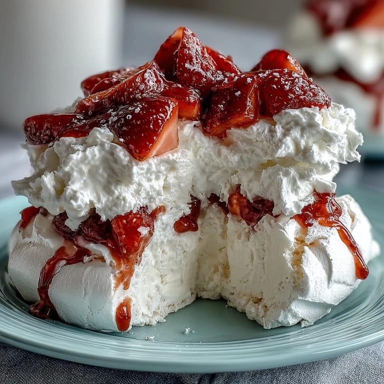 Crisp, airy mini pavlovas filled with fluffy whipped cream and juicy strawberries, perfect for spring gatherings.