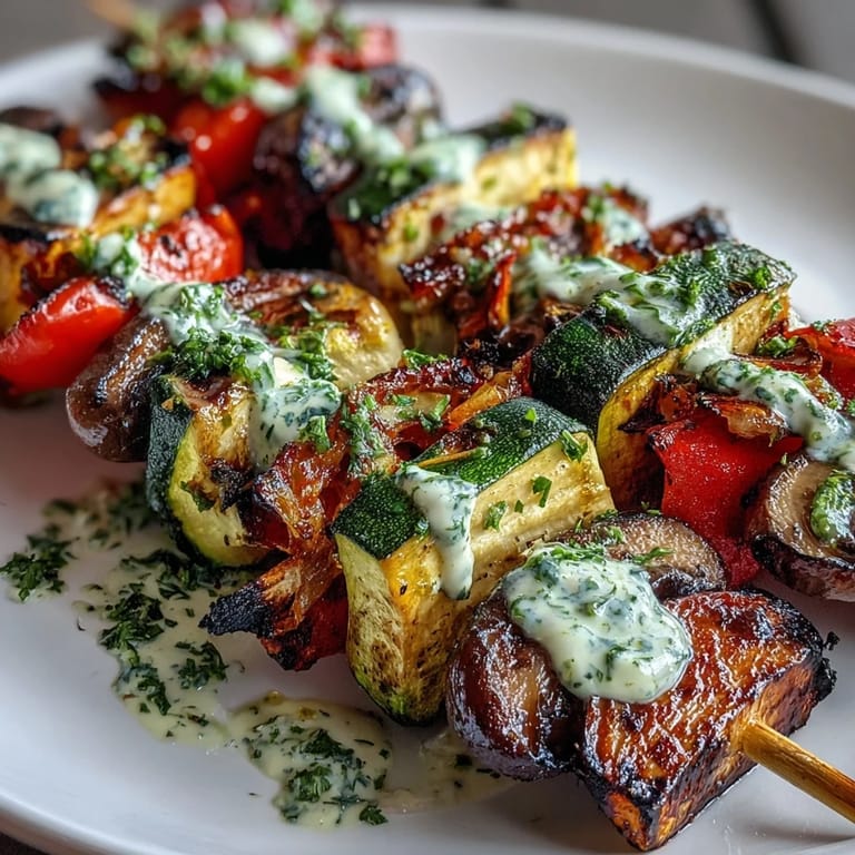 Summer veggie kabobs with smoky char, fresh herbs, and tangy chimichurri—perfect for backyard barbecues or light dinners.  