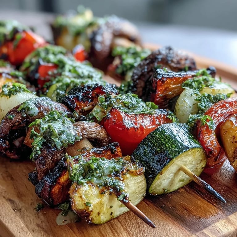 Rainbow vegetable skewers grilled to tender perfection, drizzled with bold, garlicky chimichurri sauce for a fresh, flavorful dish.