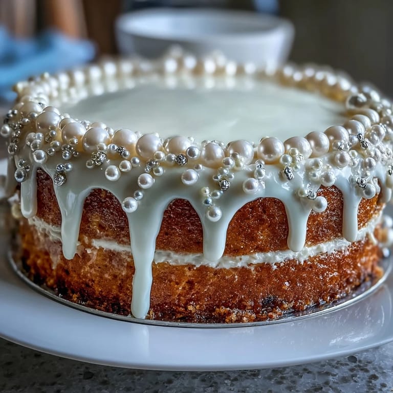 A tender sheet cake covered in pearl fondant, finished with luster dust and delicate edible pearl accents.