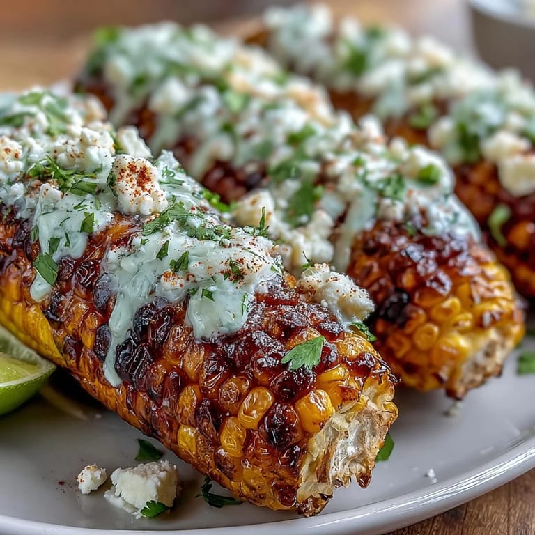 Tender corn cobs coated in rich mayonnaise-lime sauce, sprinkled with Cotija cheese and chili, perfect for quick Mexican-inspired meals.