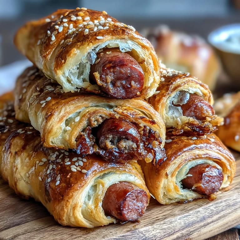 Bite-sized cocktail sausages in buttery crescent dough, baked until golden and paired with creamy Dijon honey mustard dipping sauce.  