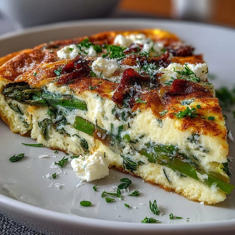 Spring Brunch Frittata with Asparagus and Goat Cheese: a light, savory frittata loaded with sautéed asparagus, spinach, and tangy goat cheese, perfect for a springtime brunch.