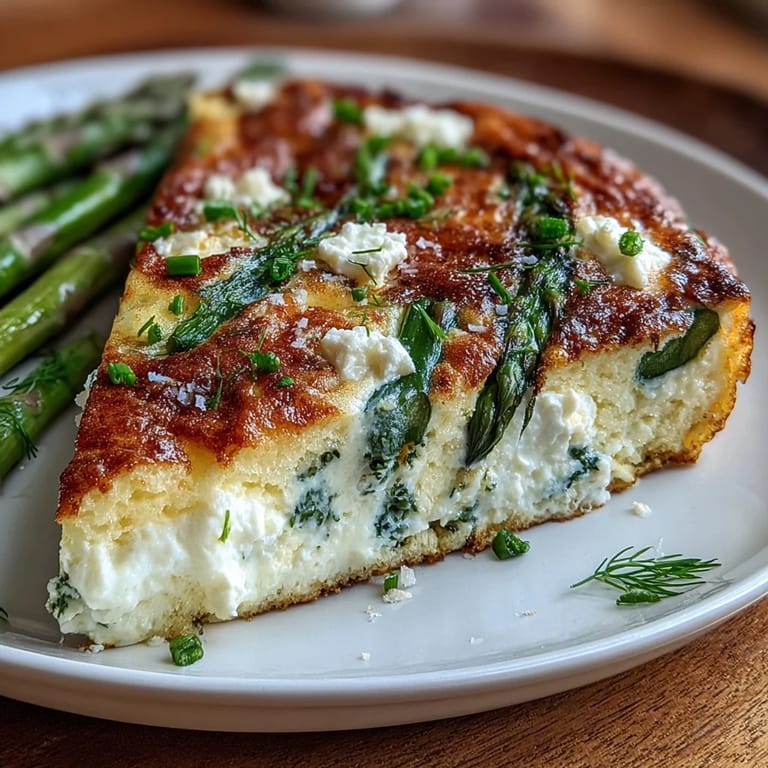 Spring Brunch Frittata with Asparagus and Goat Cheese: oven-baked Italian-style frittata featuring vibrant asparagus, rich goat cheese, and aromatic herbs, served warm and golden.
