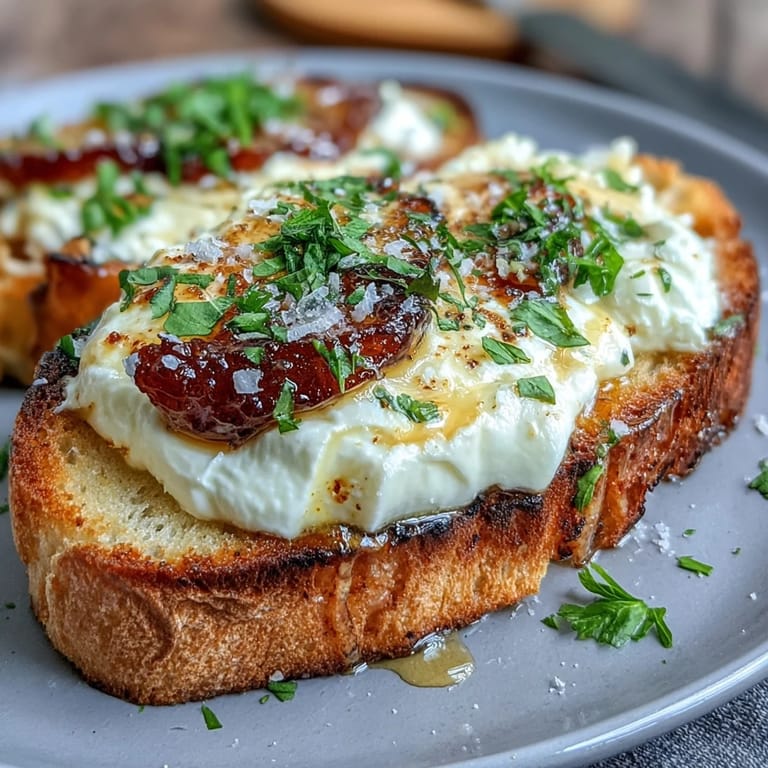 Golden honey peaches and torn burrata cheese on toasted bread, finished with olive oil, flaky salt, and a sprinkle of pistachios for crunch.